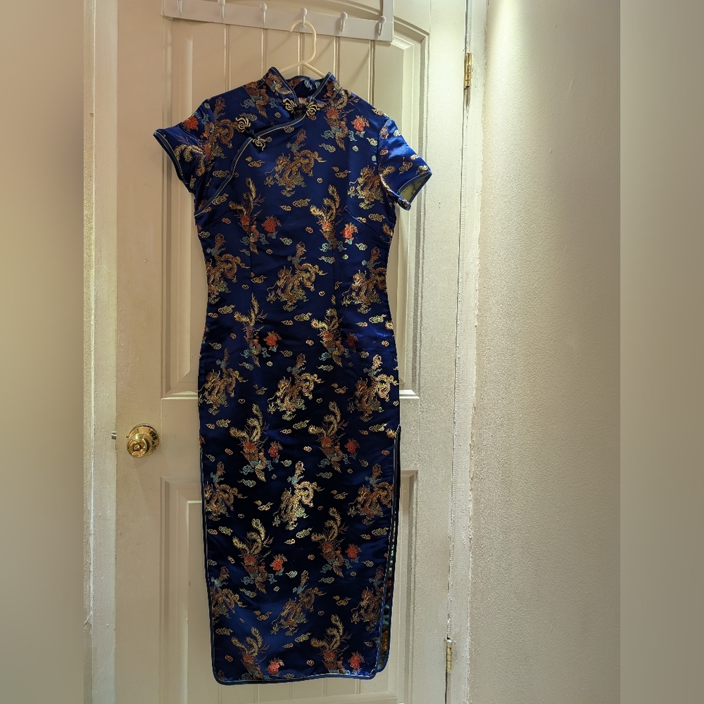 Navy Floral Cheongsam Dress